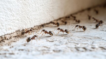 Ants marching along a wall crack, indoor, possible pest infestation