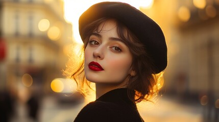 portrait of a beautiful young french woman on a sunset in paris