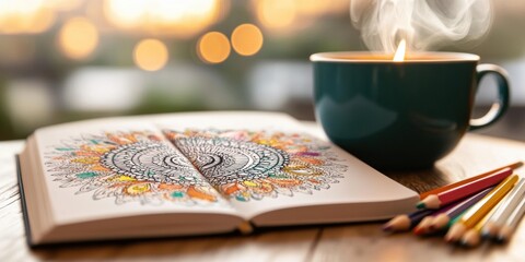 mindfulness coloring book, an intricate design in a mindfulness coloring book with colored pencils nearby, against a relaxed background with a steaming cup of tea