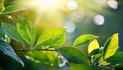 Obraz premium green leaves glistening with raindrops in the sunlight
