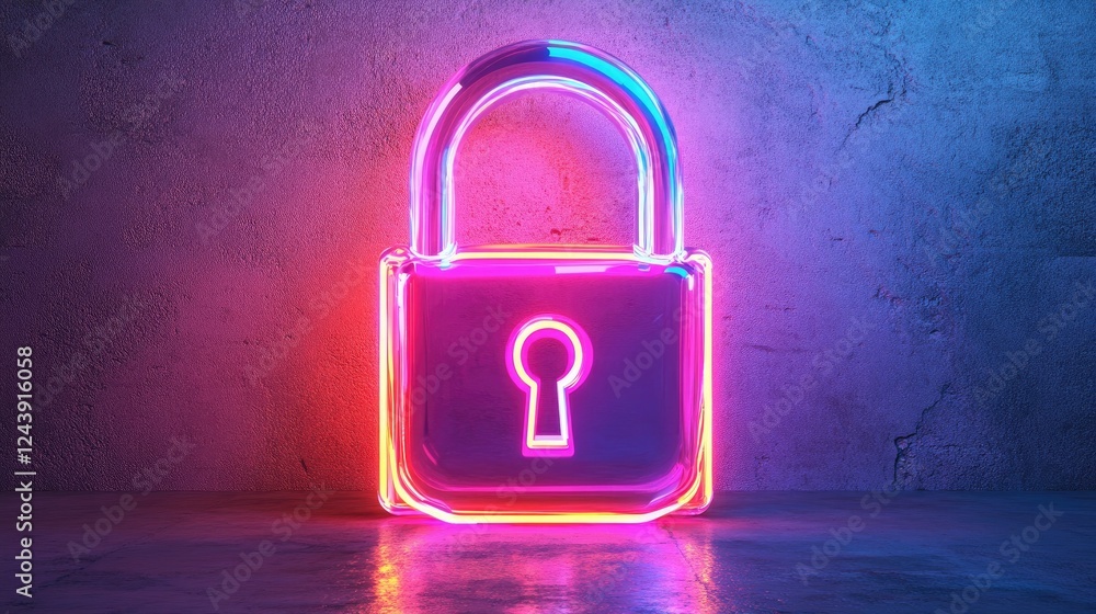 Poster secure online access concept featuring a neon transparent padlock glowing in a futuristic cyber inte