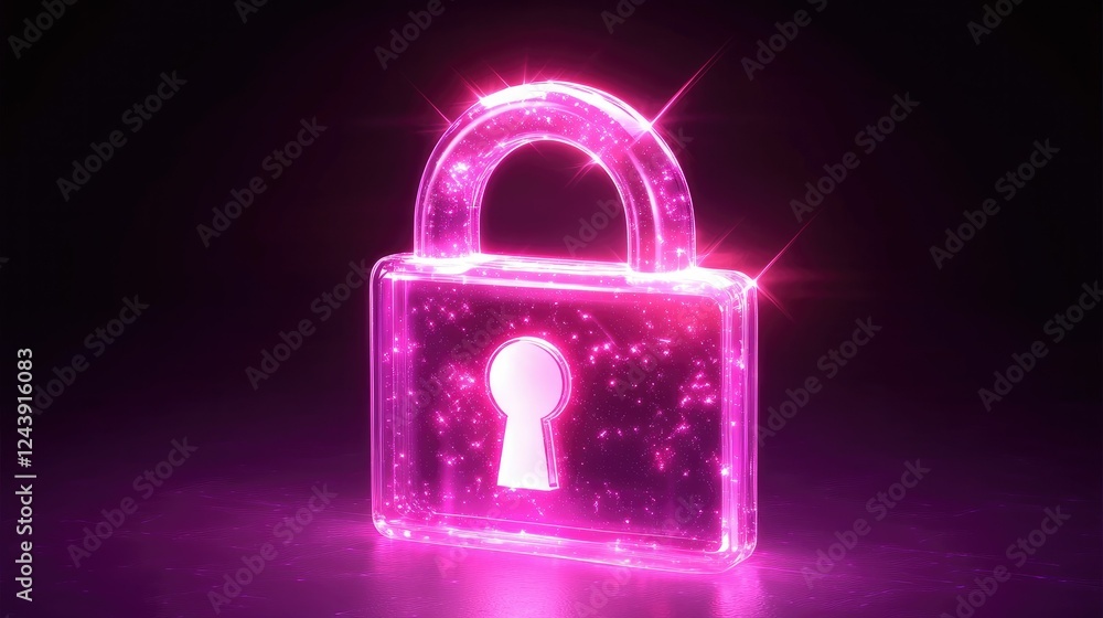 Poster secure online access concept featuring a neon transparent padlock glowing in a futuristic cyber inte