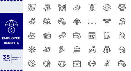 Employee benefits line icon set. Maternity leave, paid leave, meals, insurance, company transport, bonuses,, paid vacation, social security icons and more signs. Flat icon collection.