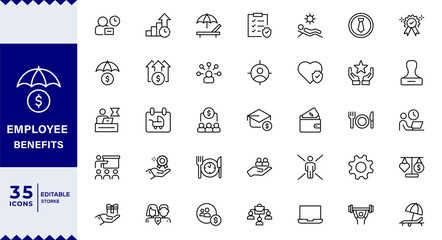 Employee benefits line icon set. Maternity leave, paid leave, meals, insurance, company transport, bonuses,, paid vacation, social security icons and more signs. Flat icon collection.