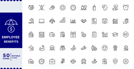 Employee benefits line icon set. Maternity leave, paid leave, meals, insurance, company transport, bonuses,, paid vacation, social security icons and more signs. Flat icon collection.