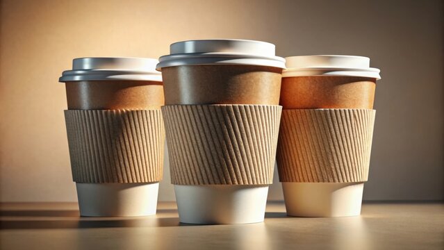 Three disposable coffee cups with cardboard sleeves on a table