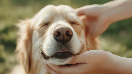 animal-assisted therapy, a person calmly petting a therapy dog, highlighting the stress-relieving bond with animals in a tranquil outdoor setting