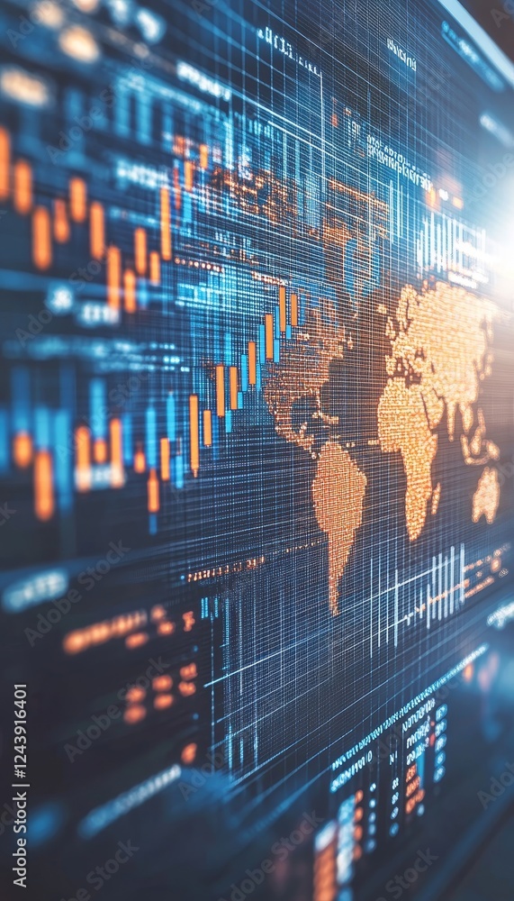 Poster global financial market data visualization pixel map, candlestick charts and dynamic data flow