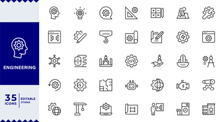 Engineering line icon set. Engineering Income Line Editable Icons set.Blueprint, engineer, engineering technology, design, project, production, construction, manufacturing Editable stroke.