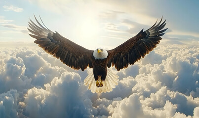 Obraz premium Majestic Eagle Soaring Over Beautiful Fluffy Clouds at Sunrise