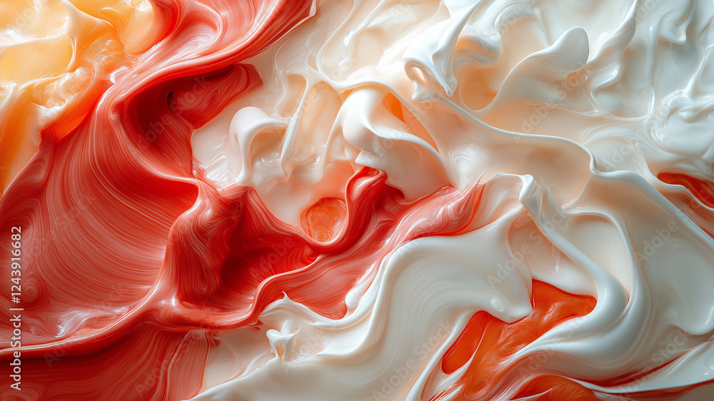 Poster abstract red and white fluid art with swirling patterns