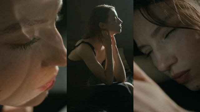 Split screen of Caucasian young woman reflecting on meaning of life, trying to cope with obsessive thoughts, feeling anxious during depressive episode