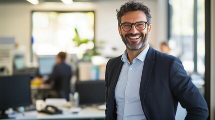 Obraz premium Middle-aged business man manager stands in modern office,confidence and success on business.