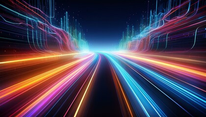 abstract digital background with light trails moving fast on the road glowing neon lights concept of high speed data transfer in cyberspace or global network