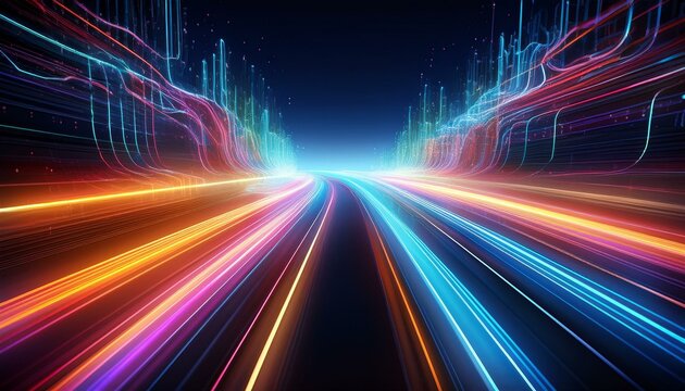 abstract digital background with light trails moving fast on the road glowing neon lights concept of high speed data transfer in cyberspace or global network - Powered by Adobe