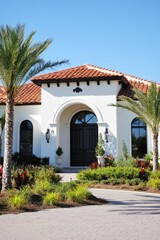Experience the allure of a stunning modern home, surrounded by vibrant tropical landscaping, featuring an inviting entrance beneath a radiant blue sky