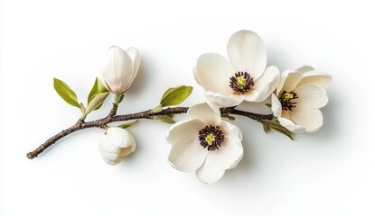White Magnolia Blossoms on Branch, Close Up Studio Shot