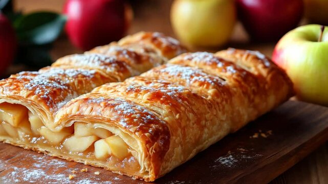 Freshly baked apple strudel with crispy crust and juicy filling amid colorful apples