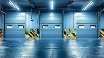Blue warehouse loading docks, night, industrial, empty