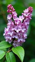 Fototapeta premium Lilac branch with delicate purple flowers blooming in the garden, flower stem, ornamental plants, plant details