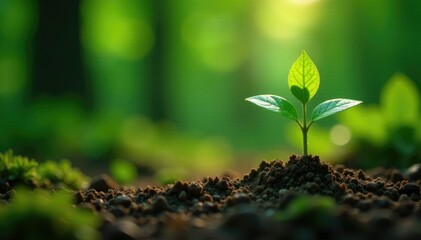 Miniature green plant growing in shaded woodland environment, nature, small