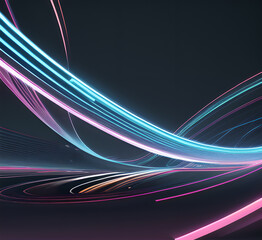 Lights blue and red high speed effect motion blur night.Futuristic neon light line trails. bright sparkling background.Purple glowing wave swirl, impulse cable lines.Long time exposure.generative ai