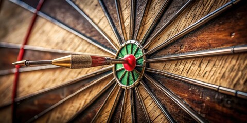 Achieving the Perfect Score A Dart Striking the Bullseye on a Rustic Wooden Dartboard