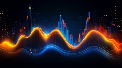 Abstract Financial Chart, Stock Market Data, Vibrant Blue, Orange, Yellow, Clean Illustration
