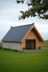 Obraz premium A contemporary wooden cabin featuring a unique sloped roof nestled within a vibrant green landscape, all beneath a beautifully overcast sky