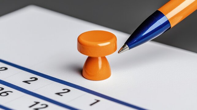 A close-up of an orange planner marker and a pen on a calendar. Ideal for organization and scheduling themes in business. - Powered by Adobe