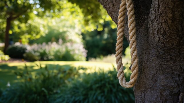Swinging Rope Hanging from Branch in Lush Green Park Setting