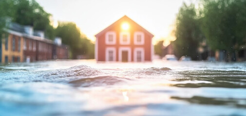 A flooded house in a residential area highlights the destructive impact of storms, heavy rainfall, and climate-related disasters, leading to severe damage and emergency situations.