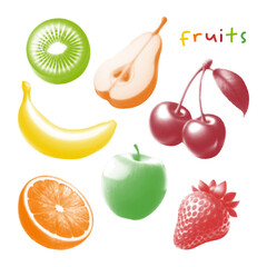 fruits collection, apple, orange, cherry, kiwi, banana, strawberry, pear, retro colorful halftone photocopy set illustration