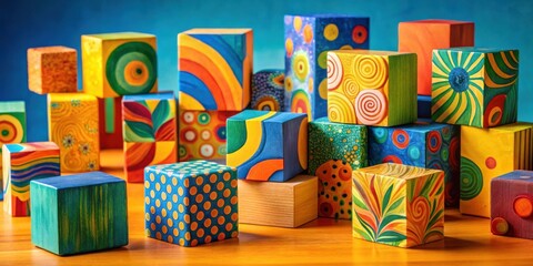 Hand-painted wooden blocks with vibrant abstract designs, arranged in a playful, colorful composition on a wooden surface