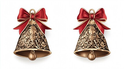 Christmas Bell with Red Ribbon and Bow Golden Christmas Bell with Red Ribbon and Bow on a White Background