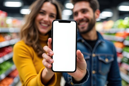 Casual Couple in Grocery Store Setting Showcasing Blank Smartphone Display While Smiling, Highlighting Modern Technology and Shopping Culture