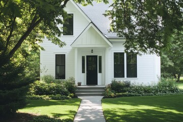 Beautiful white house with lush green garden and well-maintained pathway surrounded by trees in a peaceful suburban neighborhood on a sunny day