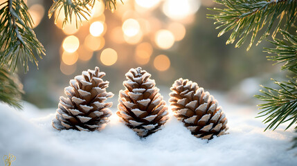 Frosty pinecones on a bed of snow with a soft-focus background of evergreen branches and blurred winter light