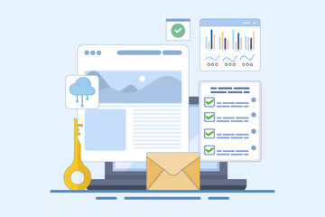 Content performance measurement concept, content analysis, data-driven content marketing, optimization and analysis, increasing conversion rate and performance, background vector illustration.