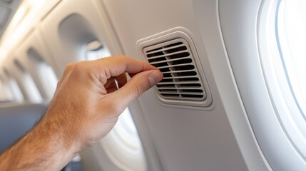 A hand adjusting the air vent on an airplane, showcasing comfort and convenience for travelers in modern aviation.