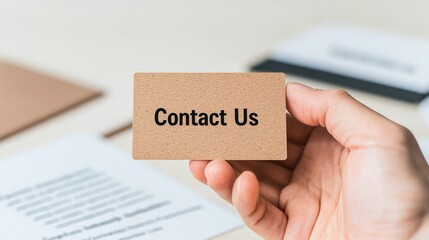 A hand holding a contact card displaying 'Contact Us', surrounded by business documents for professional communication.