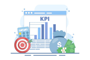 KPI Concept, Business Technical Key Performance Indicators, Performance Evaluation and Dynamics in Dashboard, Strategy, Data Report, Efficient Workflow, Business Intelligence. Flat Vector Illustration