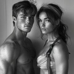 Fototapeta premium striking black and white portrait of male and female model looking to side, exuding confidence