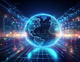 futuristic scene with a digital holographic globe highlighting interaction with virtual reality technologies ai integration and the boundless potential of the digital world