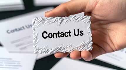 A hand holding a unique contact card emphasizing 'Contact Us'. Perfect for networking and business communication.