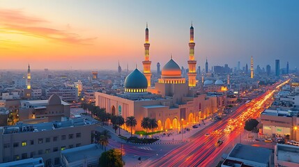Sunset over a bustling cityscape with illuminated mosque and traffic flowing along the road