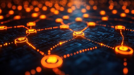 Abstract digital network with glowing orange nodes interconnected over a dark grid background