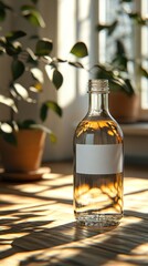 Sunlight Illuminates a Glass Bottle with a Blank Label on a Wooden Table