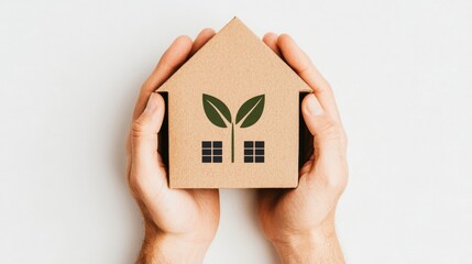 A person holds a cardboard house model featuring green leaves, symbolizing eco-friendly living and sustainable architecture.