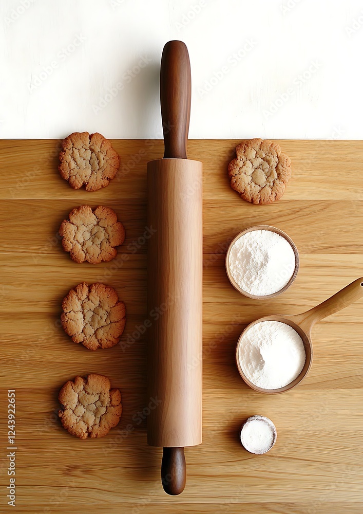 Wall mural Baking cookies, rolling pin, flour, wood